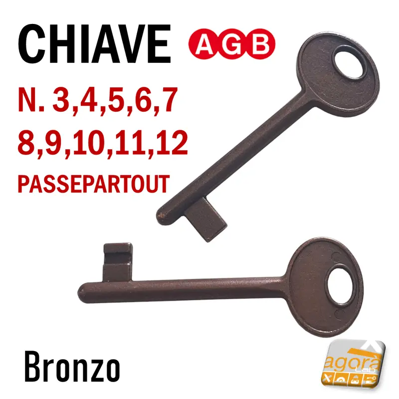 CHIAVE X SERRATURA PORTA INTERNA AGB PATENT IN METALLO BRONZO N 3-4-5-6-7-8-9-10-11-12 PASSEPARTOUT CHIAVI