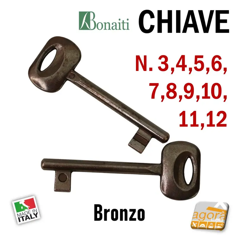 CHIAVE X SERRATURA PORTA INTERNA BONAITI PATENT IN METALLO BRONZO N 3-4-5-6-7-8-9-10-11-12 CHIAVI