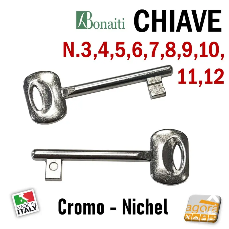CHIAVE X SERRATURA PORTA INTERNA BONAITI PATENT IN METALLO CROMO OPACO NICHELATO N 3-4-5-6-7-8-9-10-11-12 CHIAVI