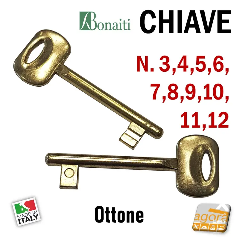 CHIAVE X SERRATURA PORTA INTERNA BONAITI PATENT IN METALLO OTTONE N 3-4-5-6-7-8-9-10-11-12 CHIAVI OTTONATE