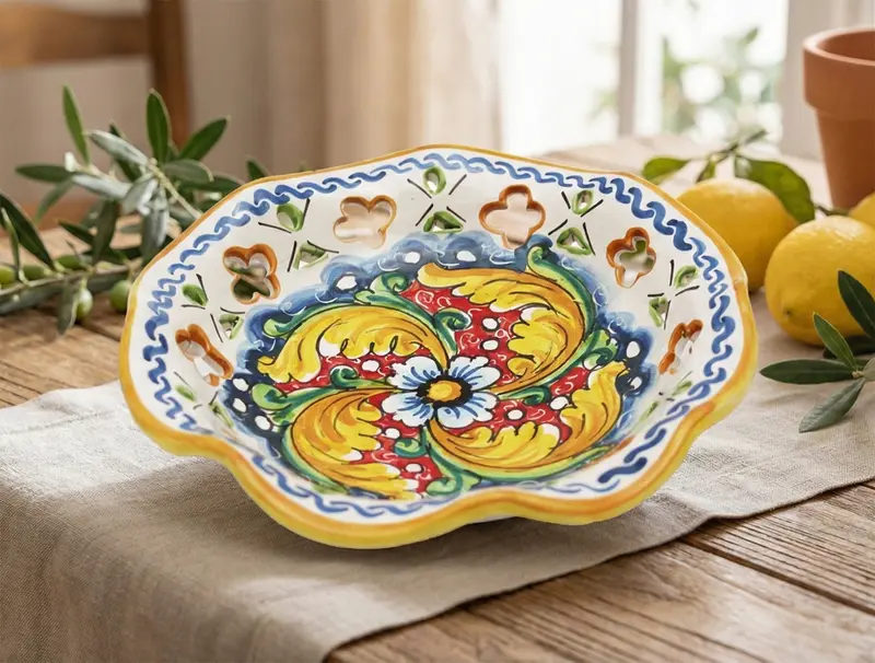 Ciotola grande in ceramica decorata a mano da ceramisti siciliani fiore rosso art 22
