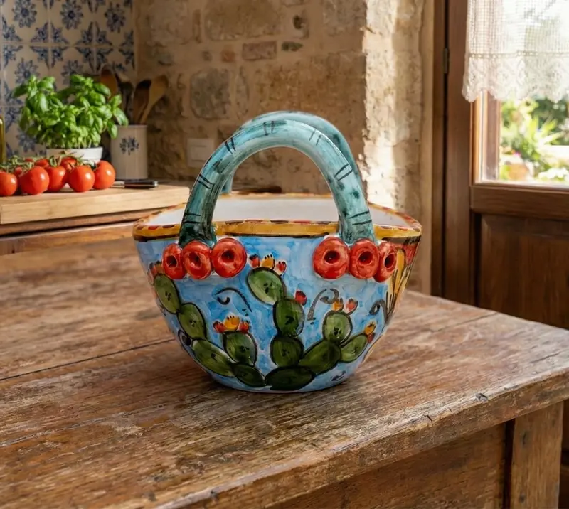 Coffa in ceramica siciliana di Caltagirone realizzata e decorata a mano art. celeste
