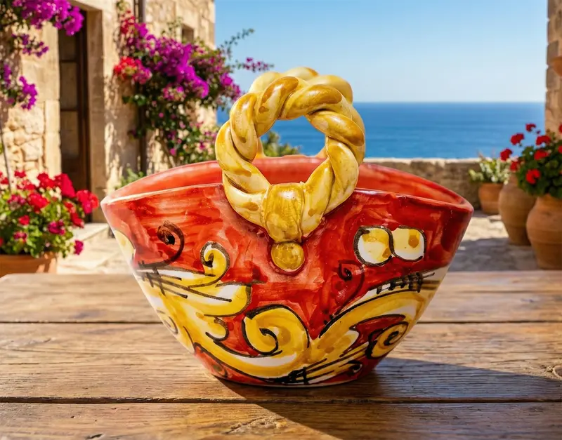 Coffa in ceramica siciliana di Caltagirone realizzata e decorata a mano art. rosso