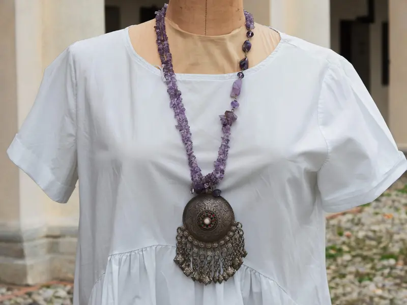 Collana ametista con ciondolo Kuchi afghano in argento antico cod.COLL90