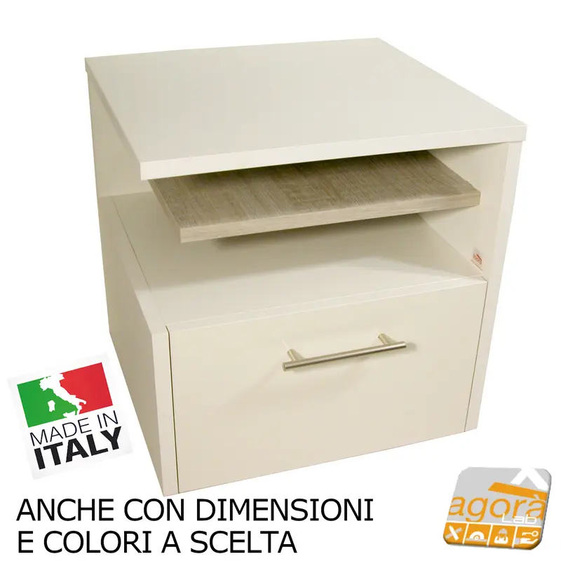 Comodino Design bianco opaco frontale lucido con 1 cassetto e piano a contrasto.
