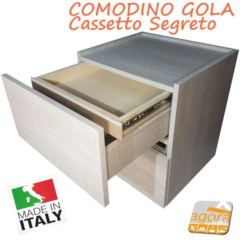 Comodino Design fin.legno a rilievo 2 cassetti+cassetto segreto push in betulla.