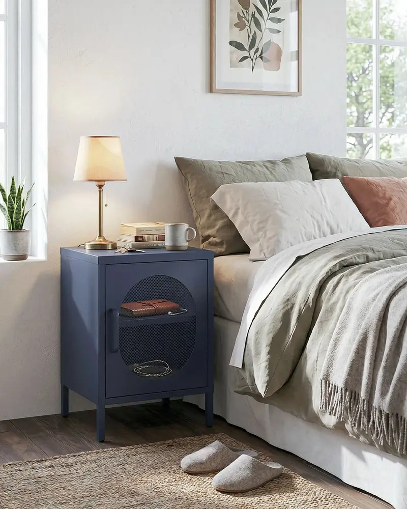 Comodino Elisse GLOW - Blu scuro - Comodino Moderno in metallo verniciato - 1 Anta