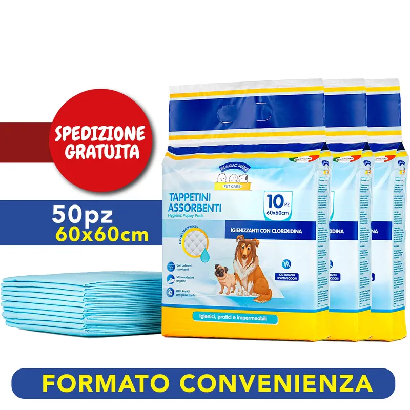 Confezione da 50pz - Tappetini Assorbenti Cani Magic Mike Clorexidina 60x60cm