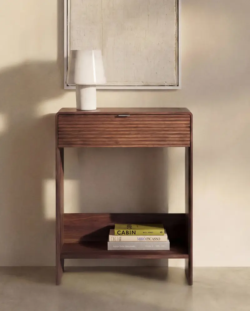 Consolle Norlen con cassetto e ripiano in impiallacciato di noce 60 x 81 cm