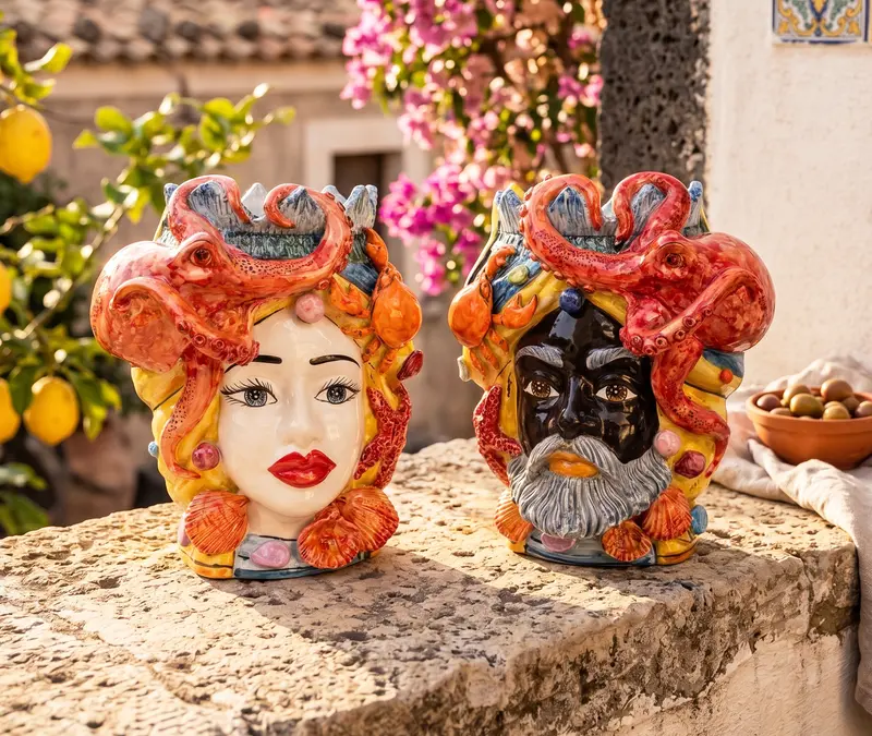 Coppia teste di moro in ceramica Siciliana di Caltagirone decorate a mano pesci H30