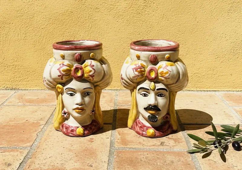 Coppia teste di moro in ceramica siciliana di Caltagirone H 15 cm art. rotondo amaranto