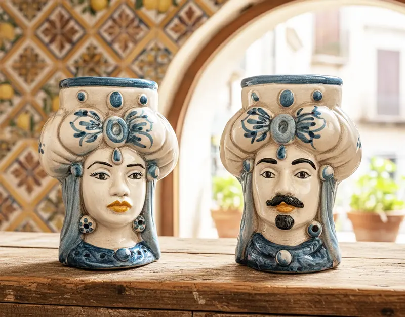 Coppia teste di moro in ceramica siciliana di Caltagirone H 15 cm art. rotondo blu