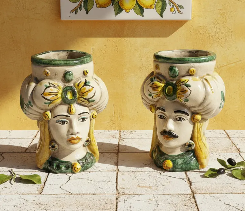 Coppia teste di moro in ceramica siciliana di Caltagirone H 15 cm art. rotondo verde