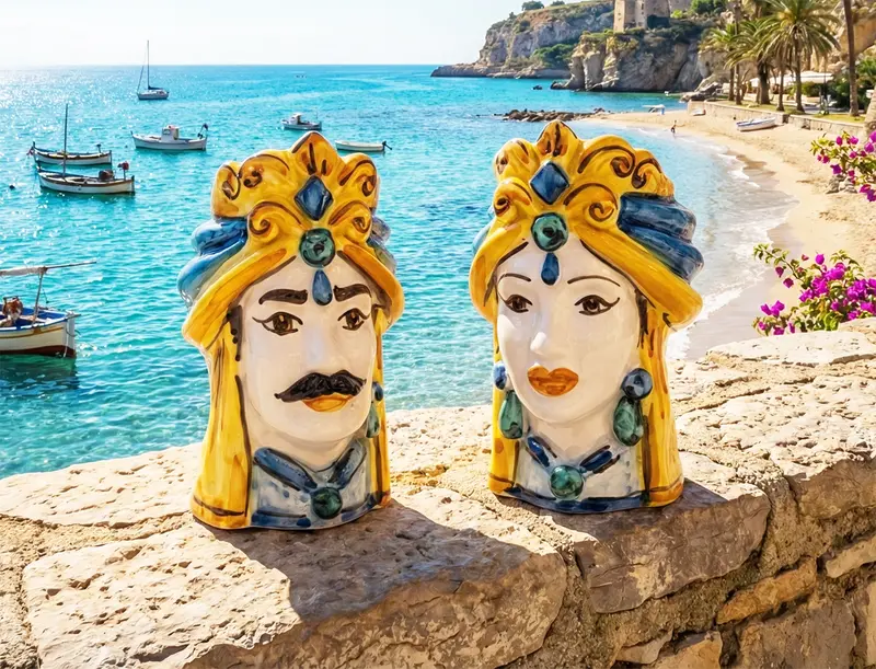 Coppia teste di moro in ceramica siciliana di Caltagirone h15cm art. colorati