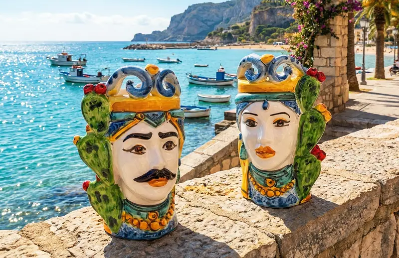 Coppia teste di moro in ceramica siciliana di Caltagirone h15cm art. ficodindia