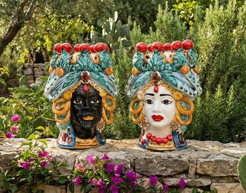 Coppia teste di moro in ceramica siciliana di Caltagirone h20cm art. cerchi
