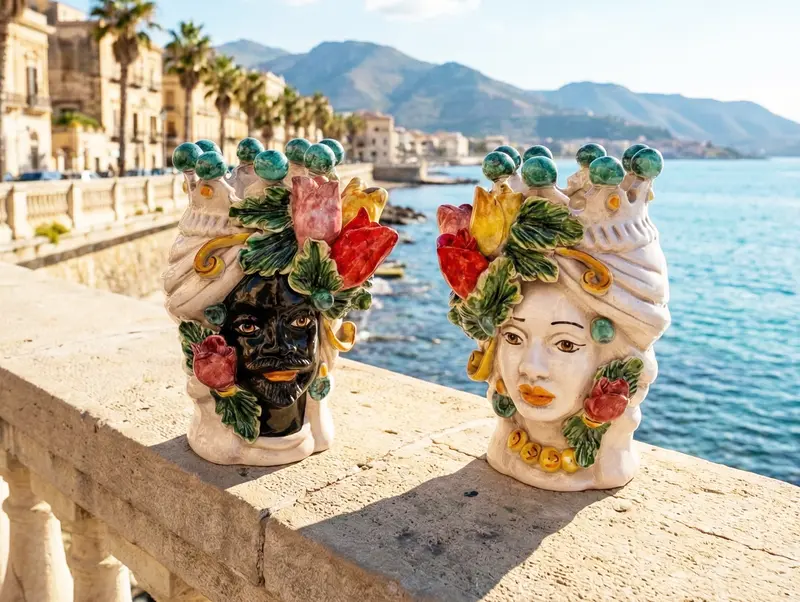 Coppia teste di moro in ceramica siciliana di Caltagirone h20cm art. tulipani colorati