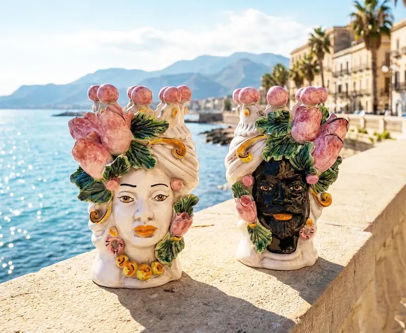Coppia teste di moro in ceramica siciliana di Caltagirone h20cm art. tulipani rosa