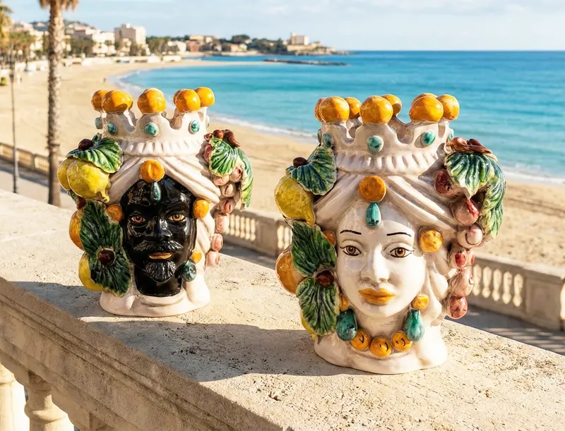 Coppia teste di moro in ceramica siciliana di Caltagirone h20cm art. uva
