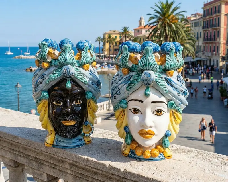 Coppia teste di moro in ceramica siciliana di Caltagirone h30cm art. blu siciliano