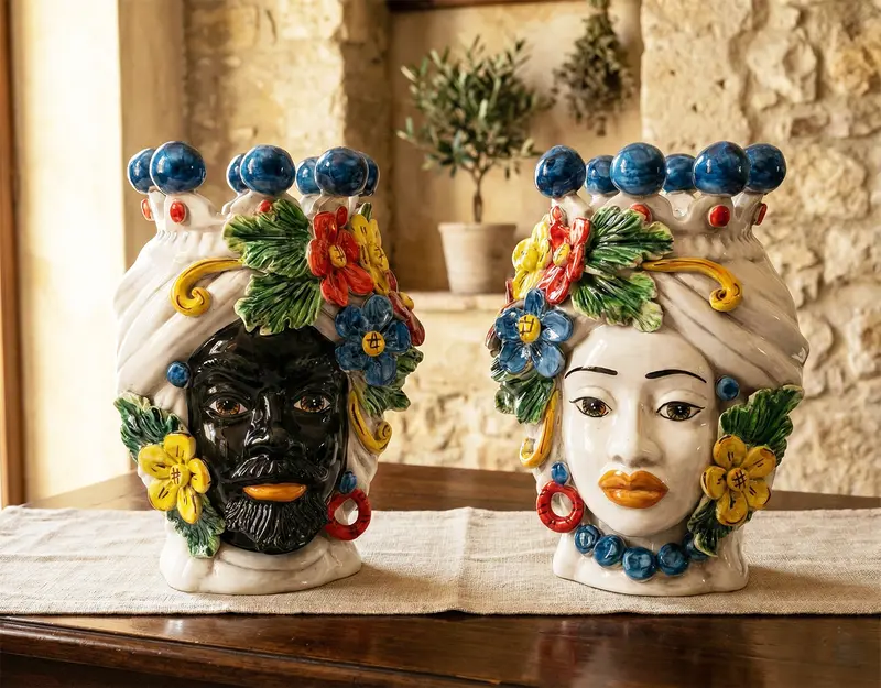 Coppia teste di moro in ceramica siciliana di Caltagirone h30cm art. fiori