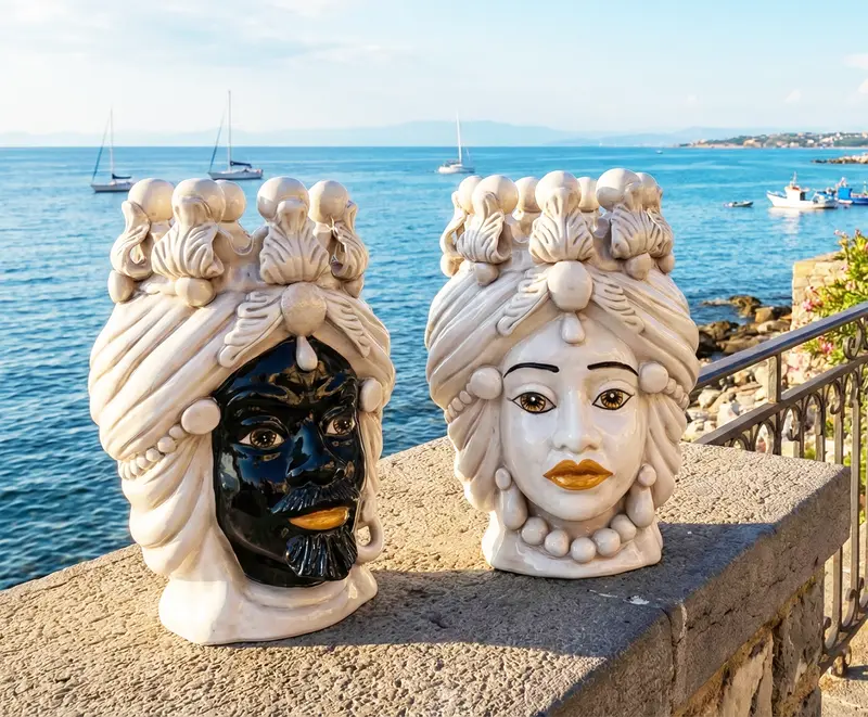 Coppia teste di moro in ceramica siciliana di Caltagirone h30cm art. fumè