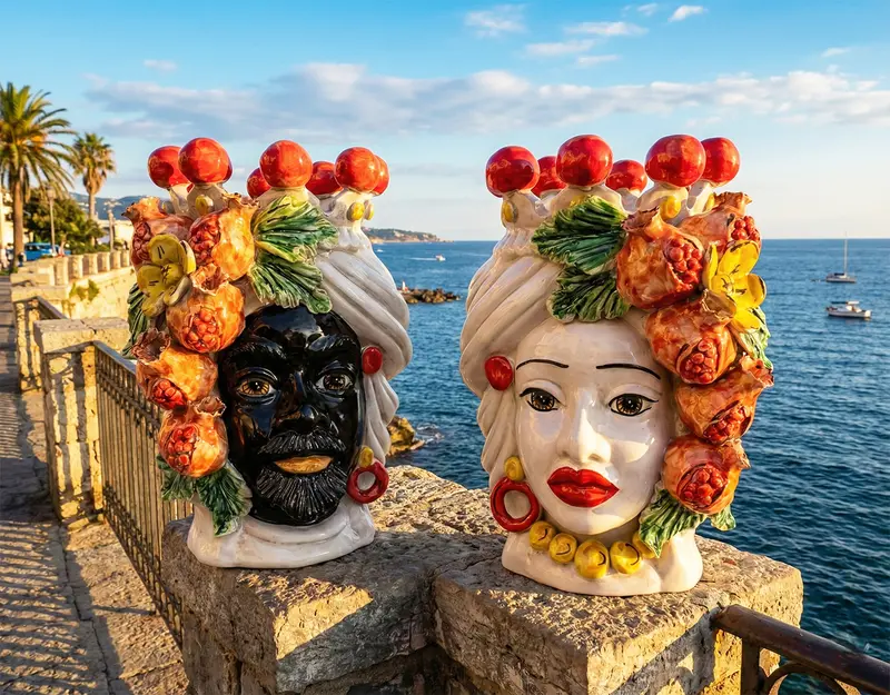 Coppia teste di moro in ceramica siciliana di Caltagirone h30cm art. melograno