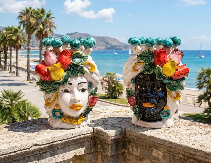 Coppia teste di moro in ceramica siciliana di Caltagirone h30cm art. tulipani colorati