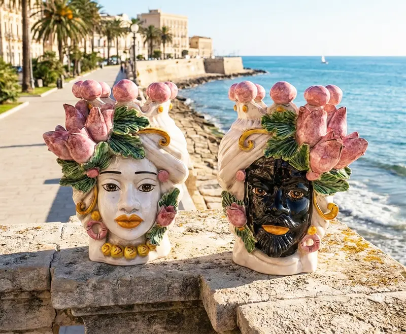 Coppia teste di moro in ceramica siciliana di Caltagirone h30cm art. tulipani rosa