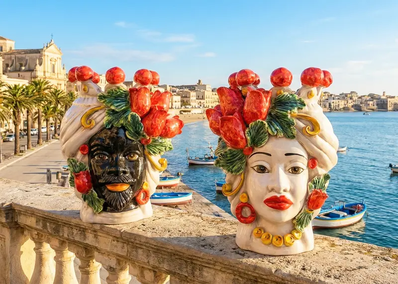 Coppia teste di moro in ceramica siciliana di Caltagirone h30cm art. tulipani rossi