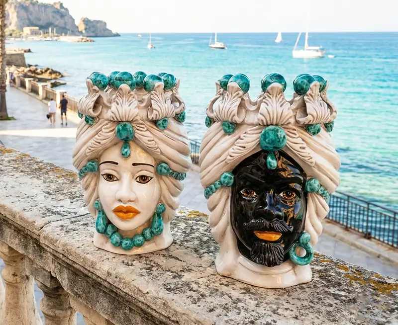 Coppia teste di moro in ceramica siciliana di Caltagirone h30cm art. verde acqua