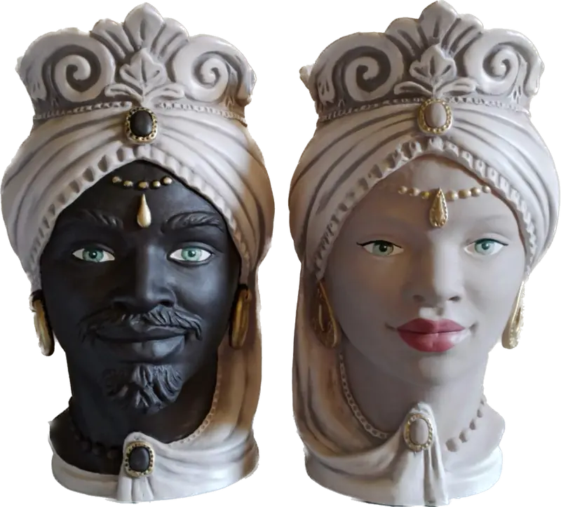 Coppia teste di moro vasi in ceramica siciliana realizzate e decorate a mano da ceramisti siciliani PV (011)