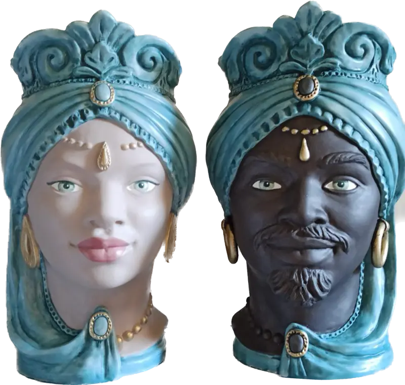 Coppia teste di moro vasi in ceramica siciliana realizzate e decorate a mano da ceramisti siciliani PV (012)