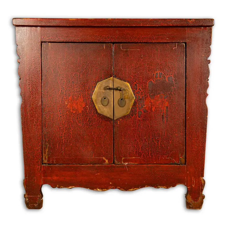 Credenza antica cinese laccata rossa con ideogrammi - Madia Shanxi fine '800
