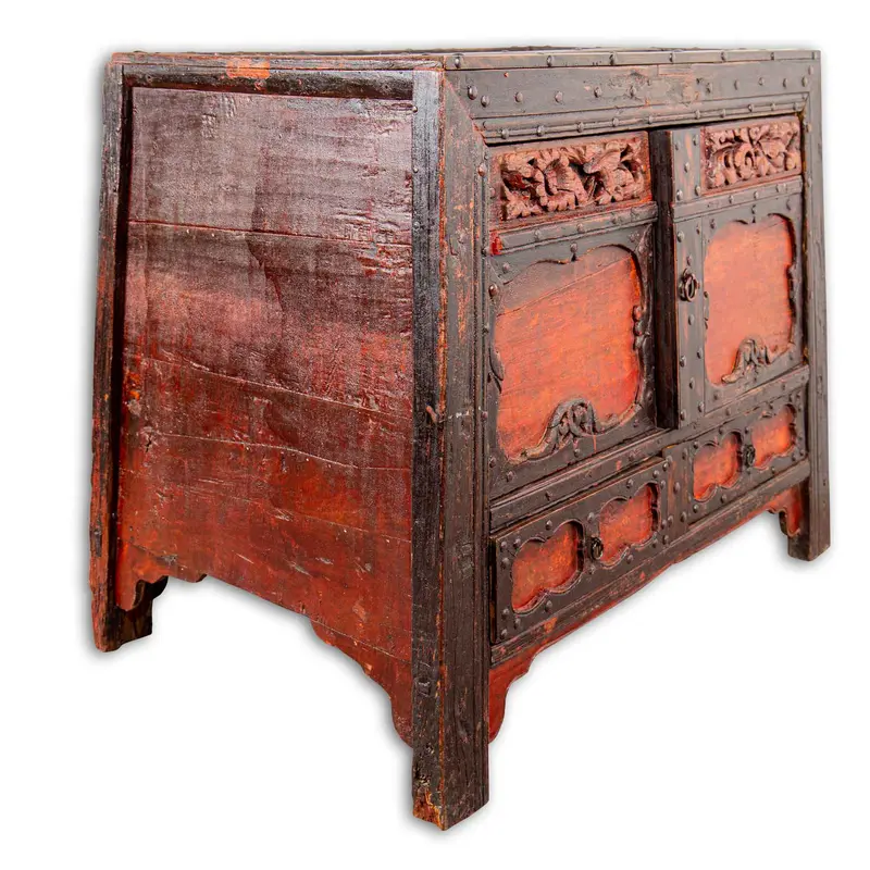 Credenza cinese laccata rossa con intarsi - Madia 2 ante e 2 cassetti cod. CC19