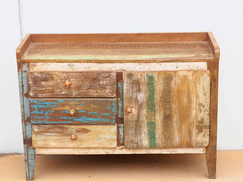 credenza, comò, mobile indiano antico, teak riciclato, credenza etnica cdo.KG2