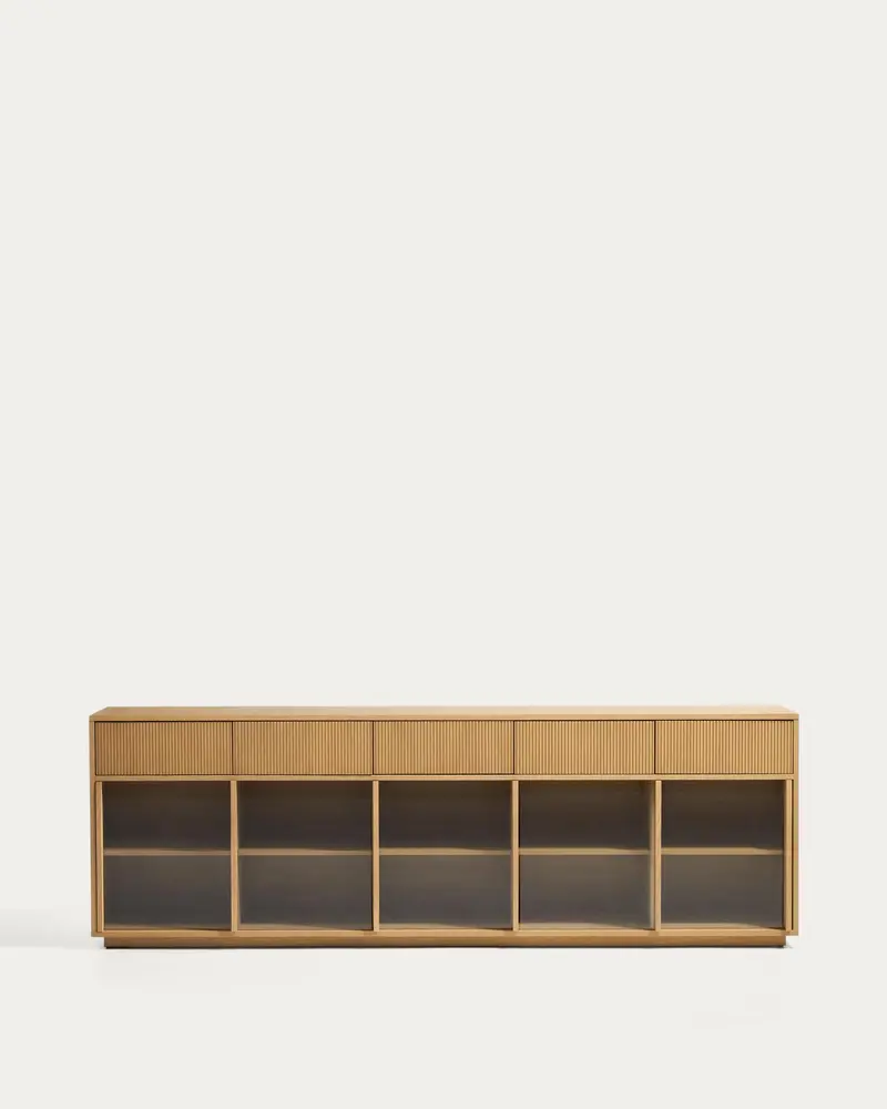 Credenza Helvine 5 ante e 5 cassetti in impiallacciato di rovere e vetro temperato 242 x 80 cm FSC 100%