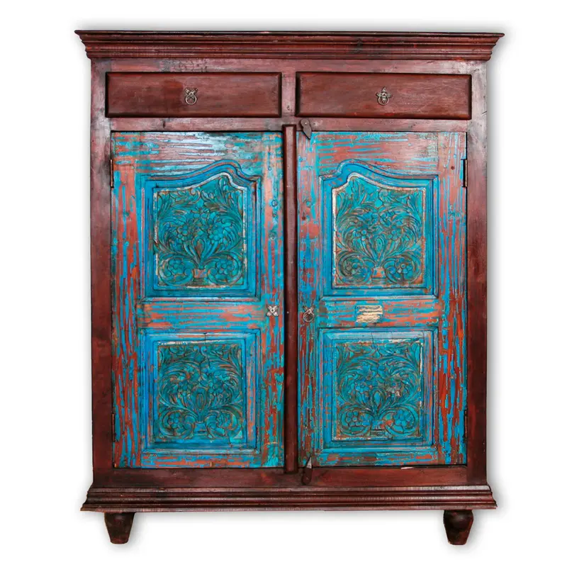 Credenza indiana in legno di teak riciclato azzurro - Mobile etnico 2 ante e 2 cassetti