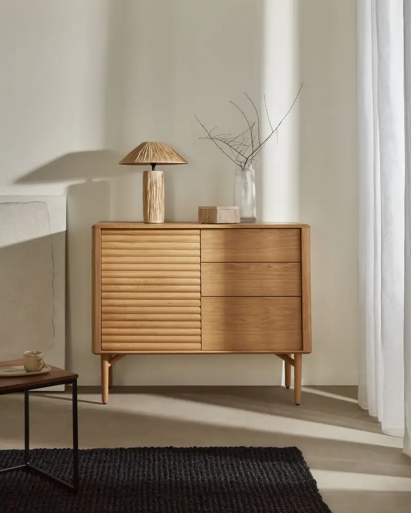 Credenza Lenon 1 anta 3 cassetti in legno e impiallacciato rovere 105x85 cm