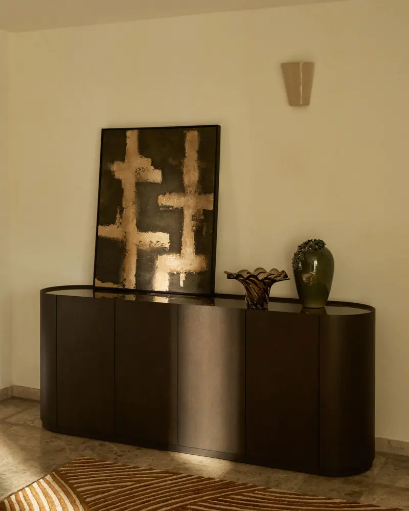 Credenza Nemore a 4 ante in impiallacciatura di rovere e piano in ceramica effetto marmo Emperador FSC Mix Credit 200 X 45 cm