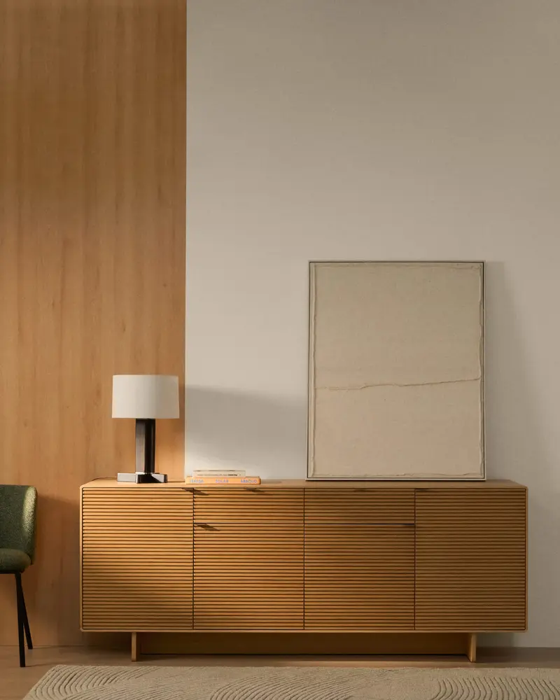 Credenza Norlen 4 ante e 2 cassetti in impiallacciato di rovere con finitura naturale FSC Mix Credit 194,5 x 78 cm