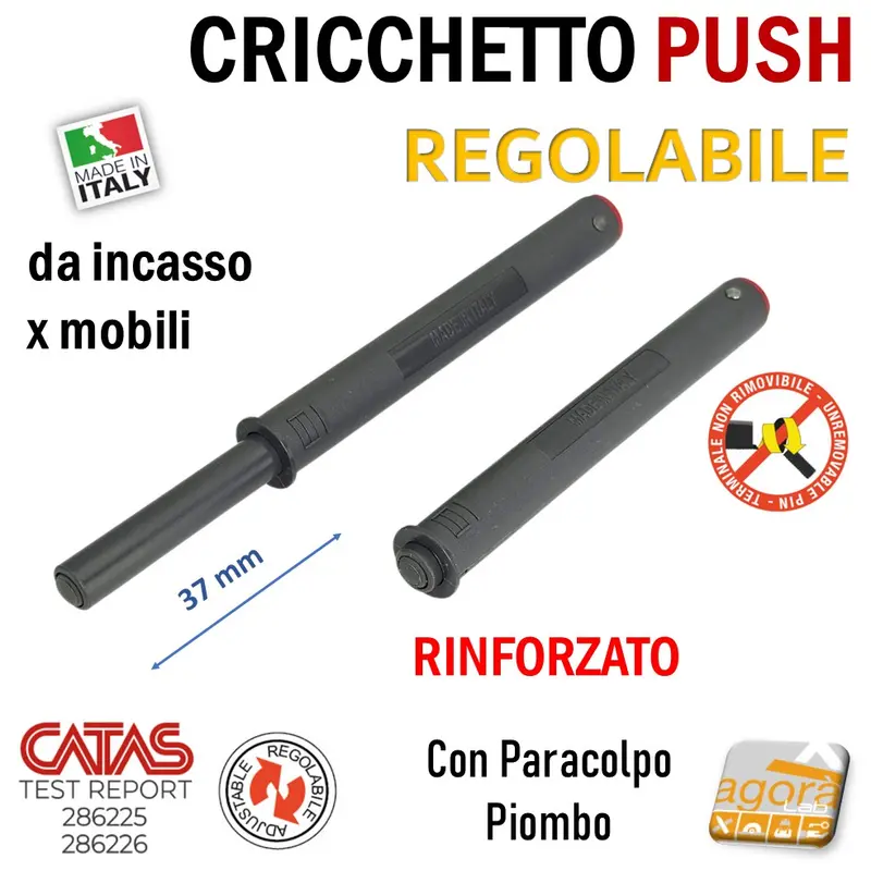 CRICCHETTO PUSH FORTE PARACOLPO REGOLABILE INCASSO D10 LUNGO PIOMBO PER APERTURA ANTE INVISIBILI MOBILE SENZA MANIGLIA