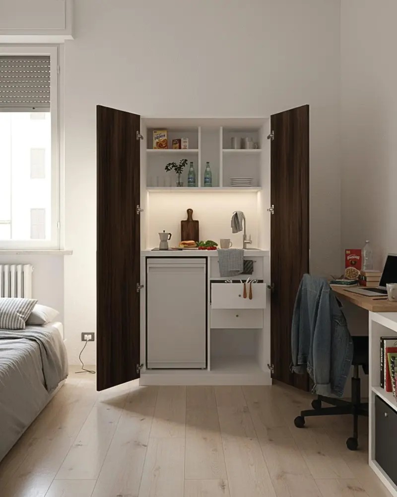 Cucina Compacto Chef - Blocco cucina completa ante noce e struttura bianco - Perfetta per piccoli appartamenti, B&B e ufficio - L 105cm x H 200 x P 72cm