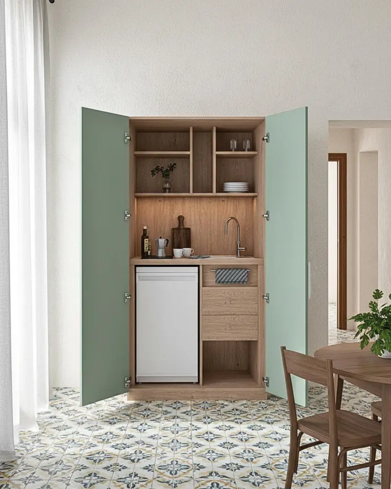 Cucina Compacto Chef - Blocco cucina completa con ante oliva e struttura virginia - Perfetta per piccoli appartamenti, B&B e ufficio - L 105cm x H 200 x P 72cm