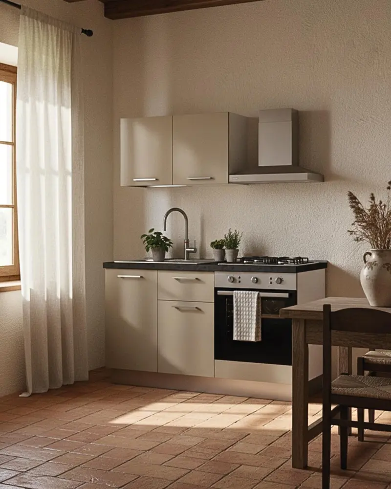 Cucina compatta Aura - 150 cm Linea Elettra - Blocco cucina moderno per appartamento, B&B e hotel - Personalizzabile in finiture e colori - Personalizzabile in composizione ed accessori