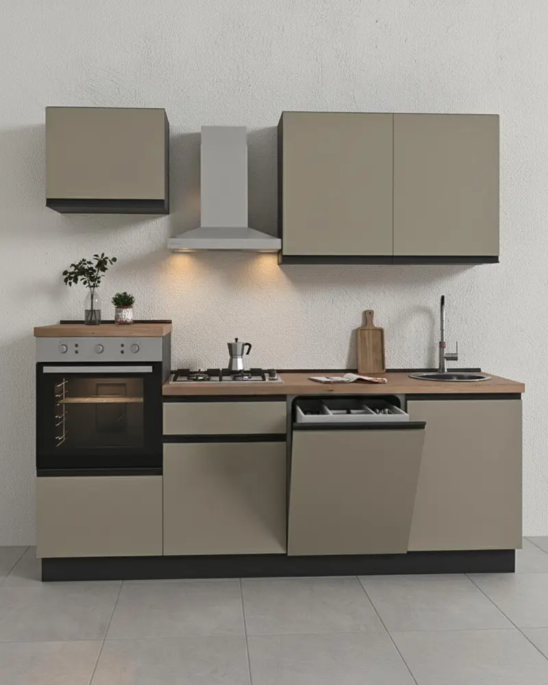 Cucina compatta Karol - 240 cm Linea Smart - Blocco cucina moderno per appartamento, B&B e hotel - Personalizzabile in finiture e colori - Personalizzabile in composizione ed accessori