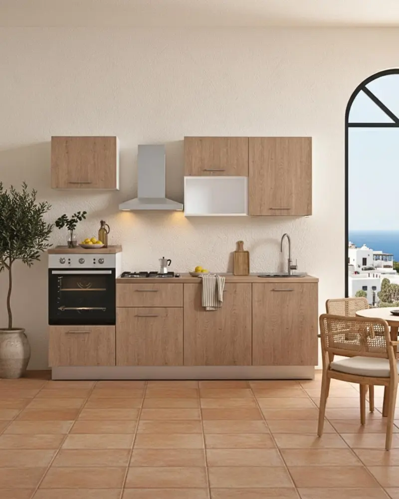 Cucina compatta Samantha - 240 cm Linea Elettra - Blocco cucina moderno per appartamento, B&B e hotel - Personalizzabile in finiture e colori - Personalizzabile in composizione ed accessori