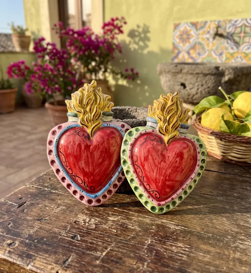 Cuore Sacro in ceramica siciliana di Caltagirone realizzato a mano medio