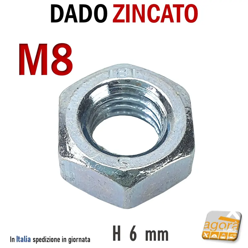 DADO ZNB M8 DADI FILETTATI METRICI ZINCATI H6mm DIN 934 MEDIO UNI 5588