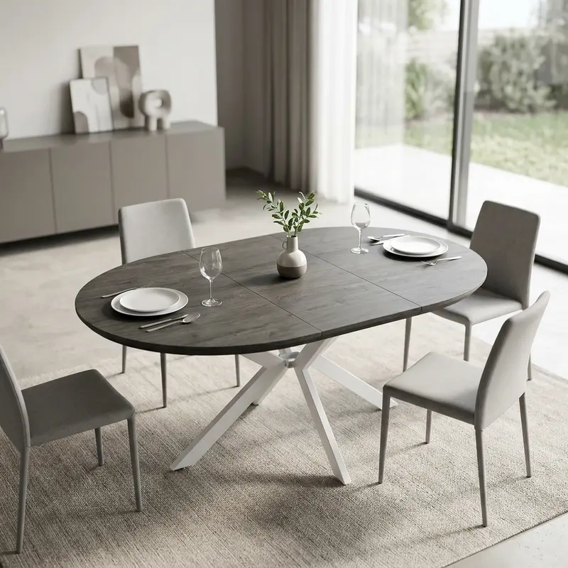 Danila - tavolo rotondo allungabile melaminico cemento bianco 120/160x121